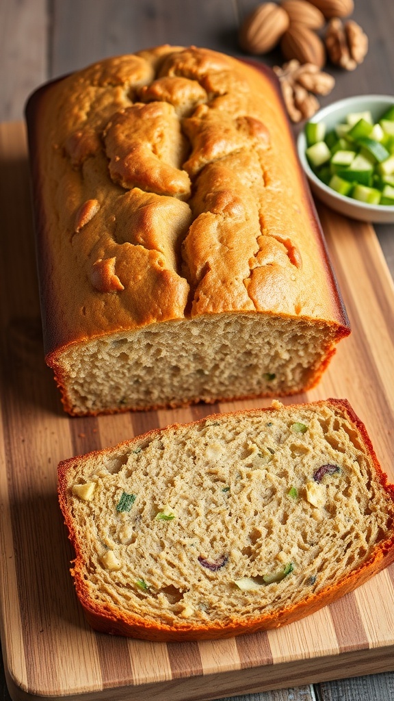 Sliced zucchini bread made with brown rice flour, showcasing green zucchini flecks, on a wooden cutting board.
